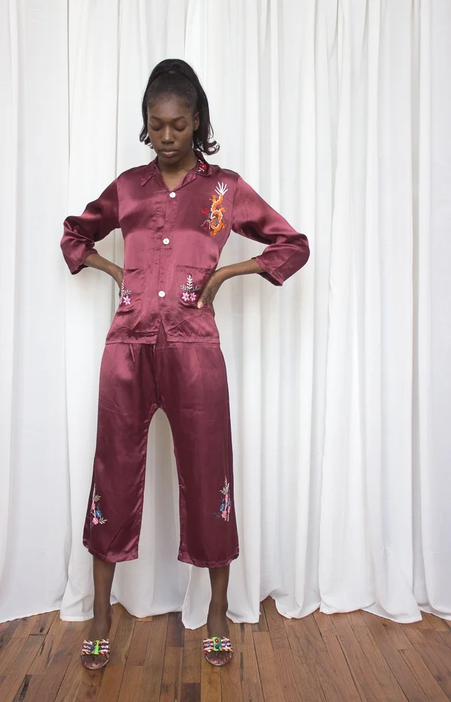Embroidered silk pajamas sale
